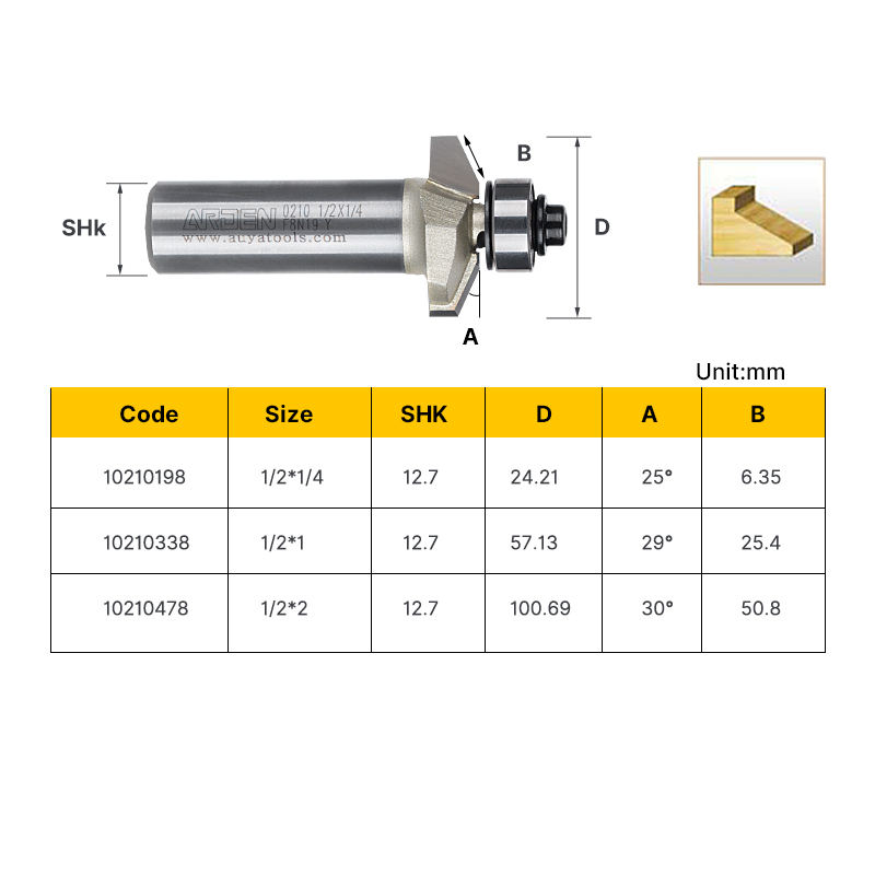 Arden Woodworking Chamfer Router Bit with Bearing wood trimming bits wood classical molding bits Auya 0210