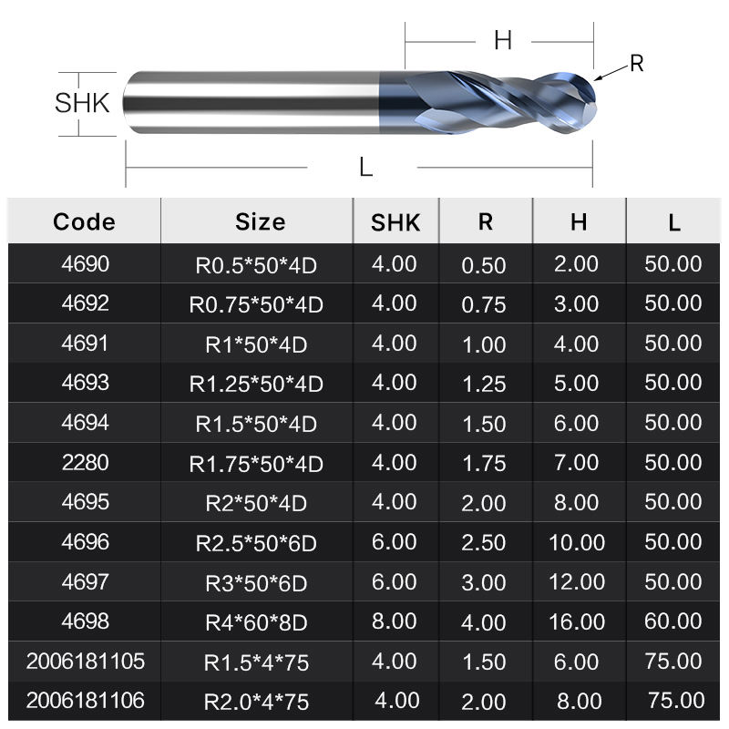 HUHAO HRC 45 two flutes ball nose TiSiN coated tungsten steel end mill cnc milling cutter carbide engraving bit